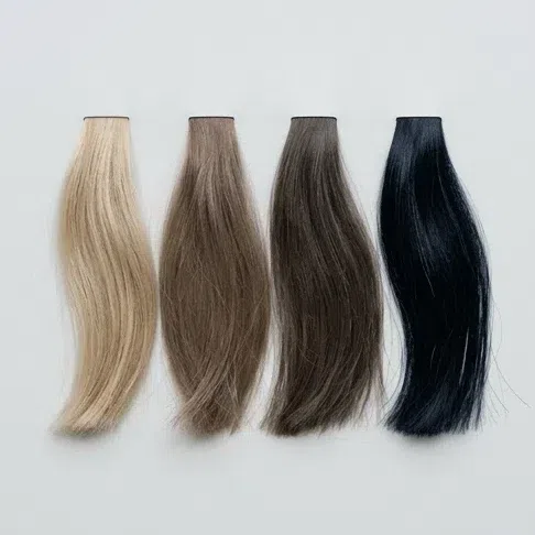 Four hair swatches from ash blonde to dark ash brown, with a glossy blue-black one at the end