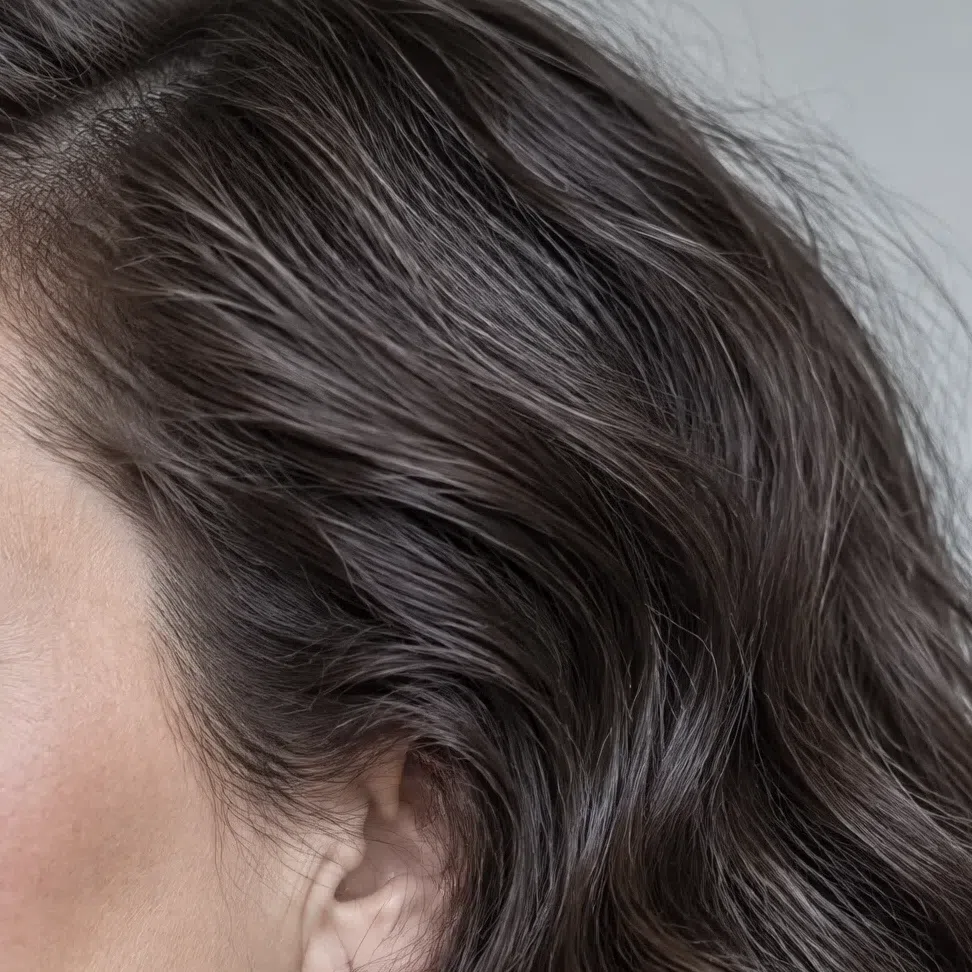 Wavy dark ash-brown Cool Winter hair with a smoky gray sheen