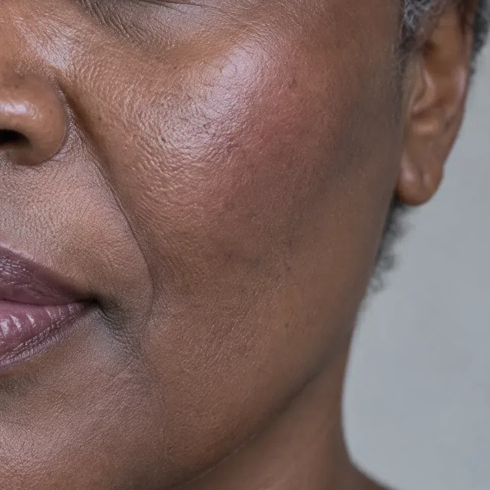 Deep brown Cool Winter cheek with a cool berry-plum flush on the cheekbone