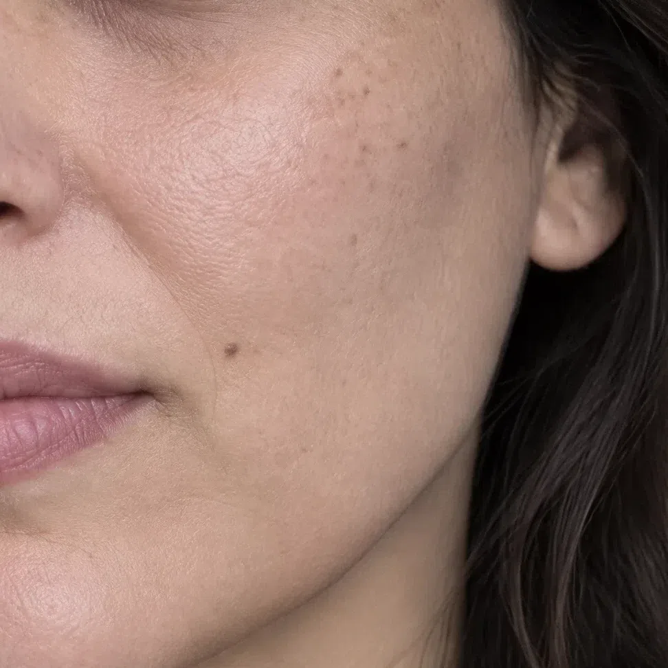 Medium beige-brown Cool Winter cheek with a few sparse gray-brown freckles