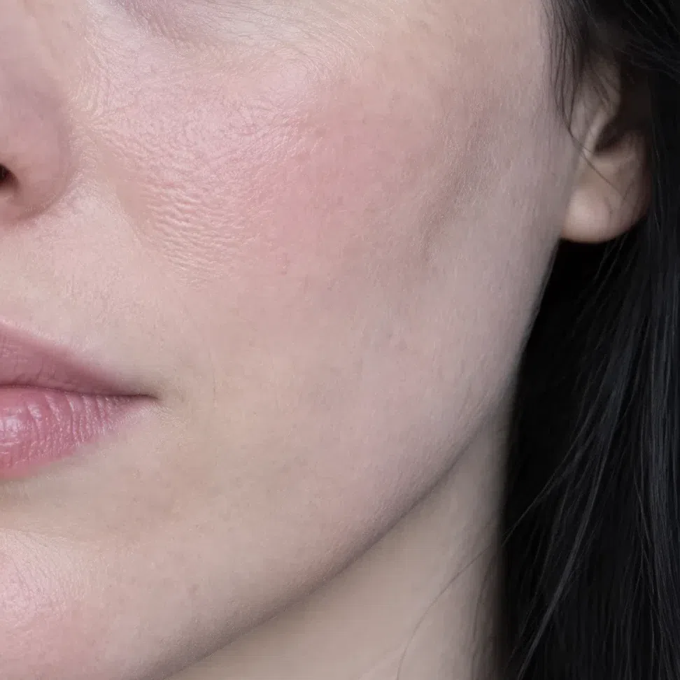 Porcelain Cool Winter cheek and jaw with a cold pink cast and bluish veins at the temple