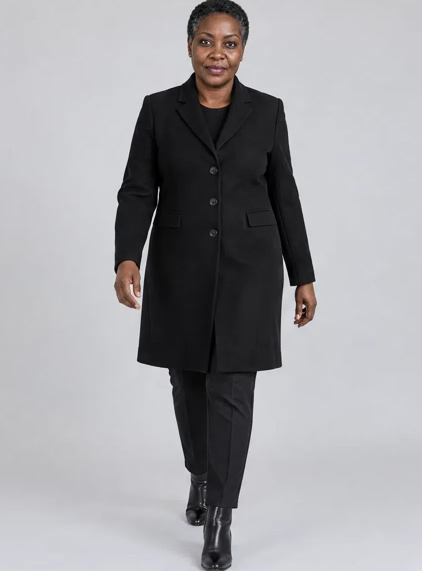 Jet black wool coat, Cool Winter capsule wardrobe, Deep complexion
