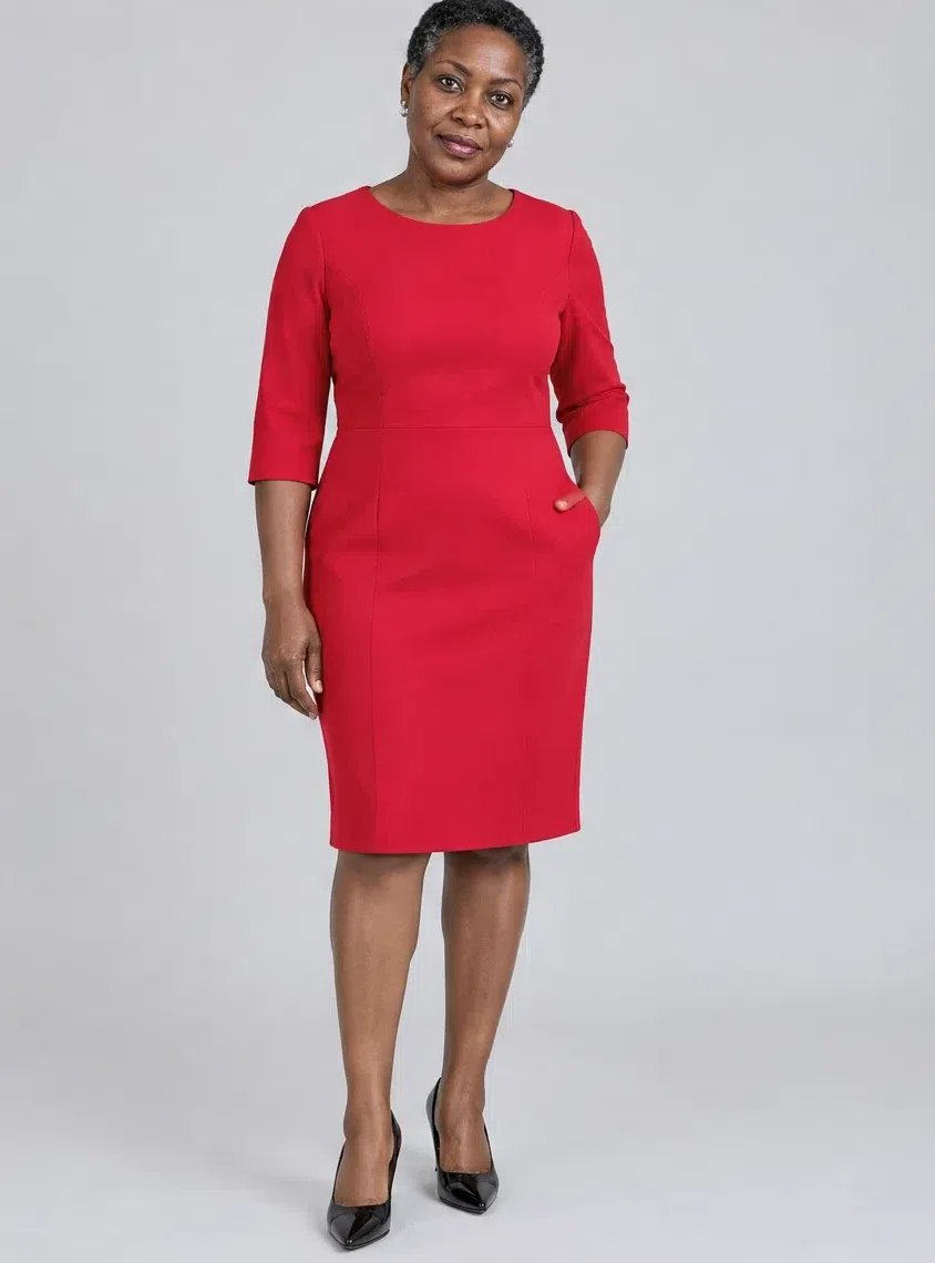 Crimson sheath dress, Cool Winter capsule wardrobe, Deep complexion