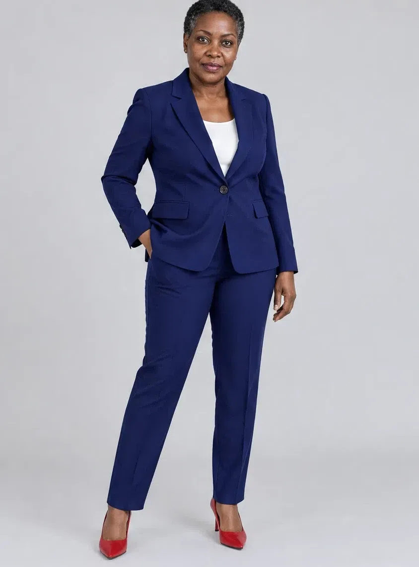 Midnight navy trouser suit, Cool Winter capsule wardrobe, Deep complexion