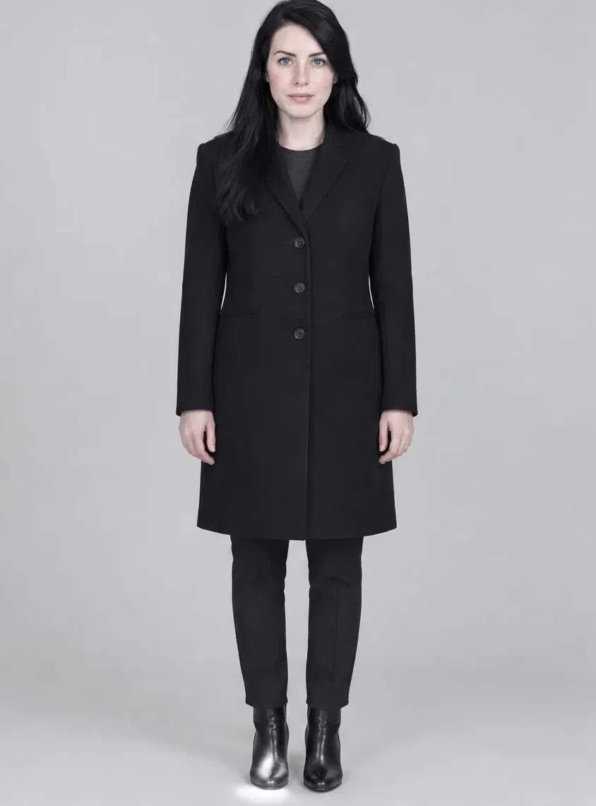 Jet black wool coat, Cool Winter capsule wardrobe, Fair complexion