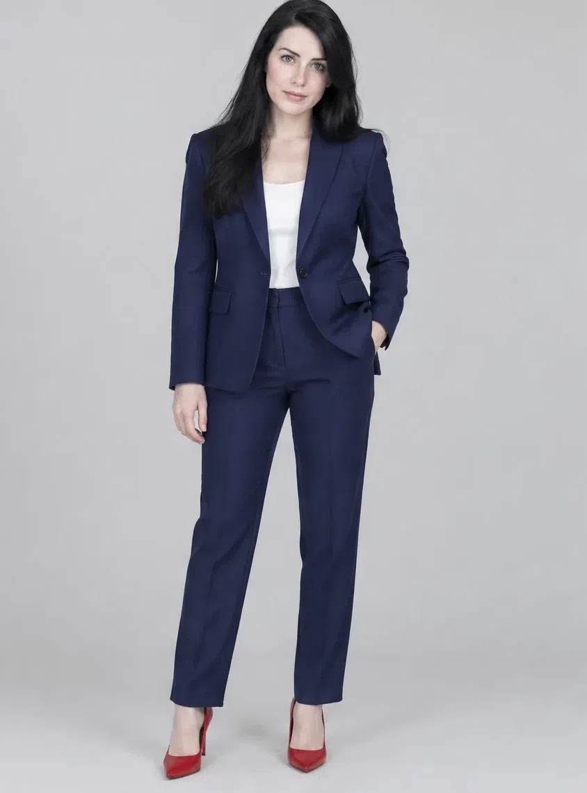 Midnight navy trouser suit, Cool Winter capsule wardrobe, Fair complexion