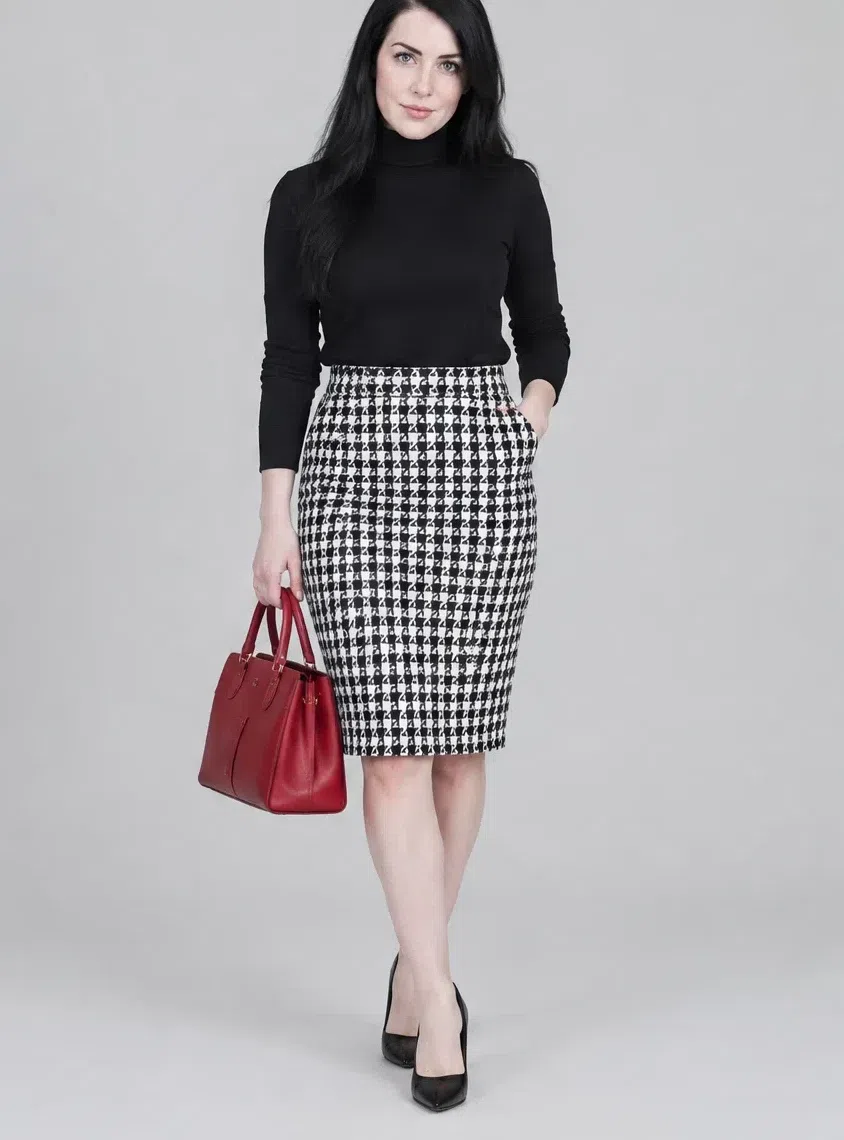 Black and white houndstooth pencil skirt, Cool Winter capsule wardrobe, Fair complexion