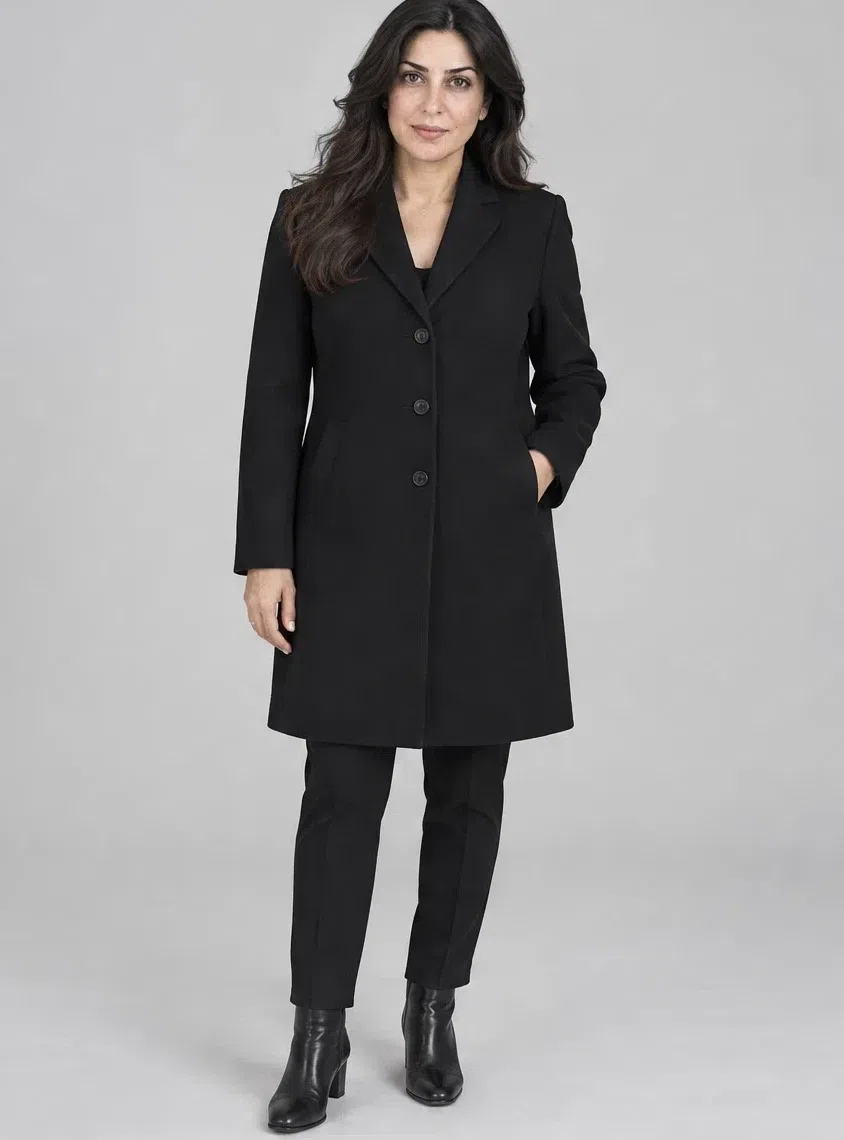 Jet black wool coat, Cool Winter capsule wardrobe, Medium complexion