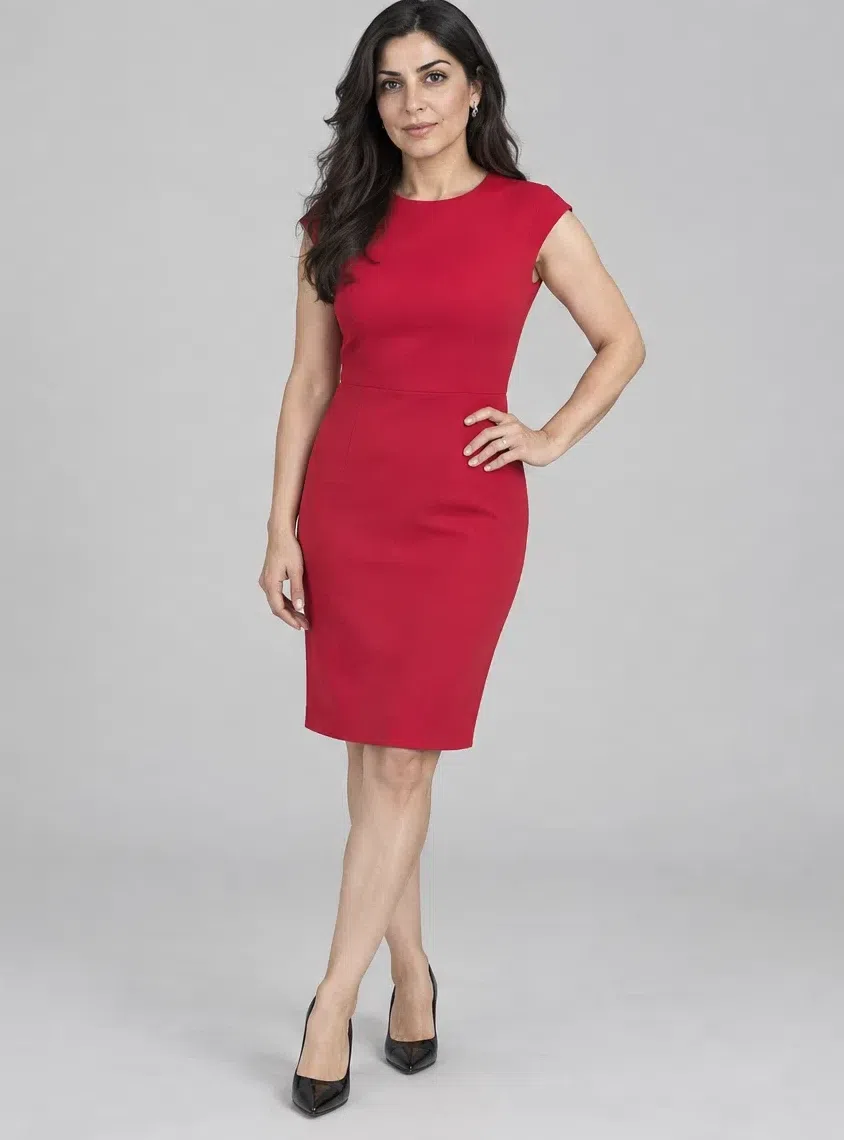 Crimson sheath dress, Cool Winter capsule wardrobe, Medium complexion