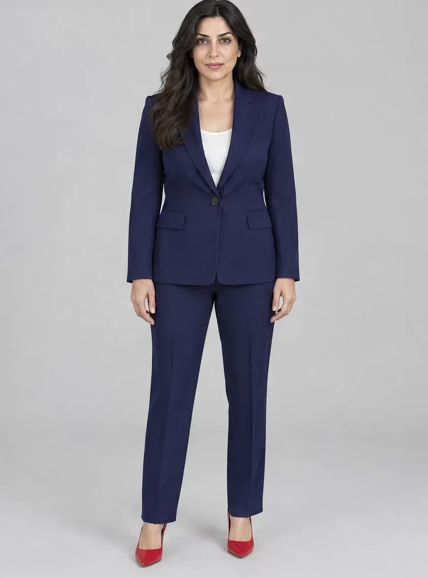 Midnight navy trouser suit, Cool Winter capsule wardrobe, Medium complexion