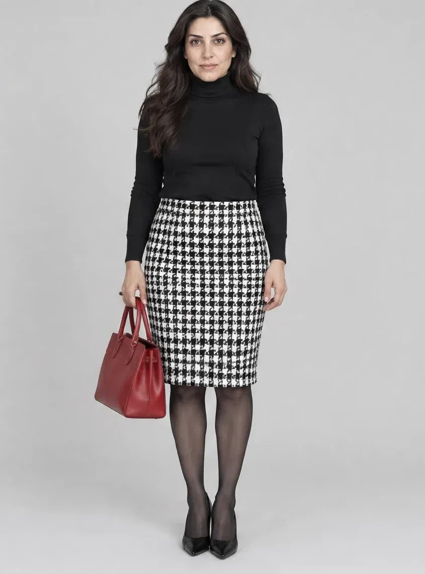 Black and white houndstooth pencil skirt, Cool Winter capsule wardrobe, Medium complexion