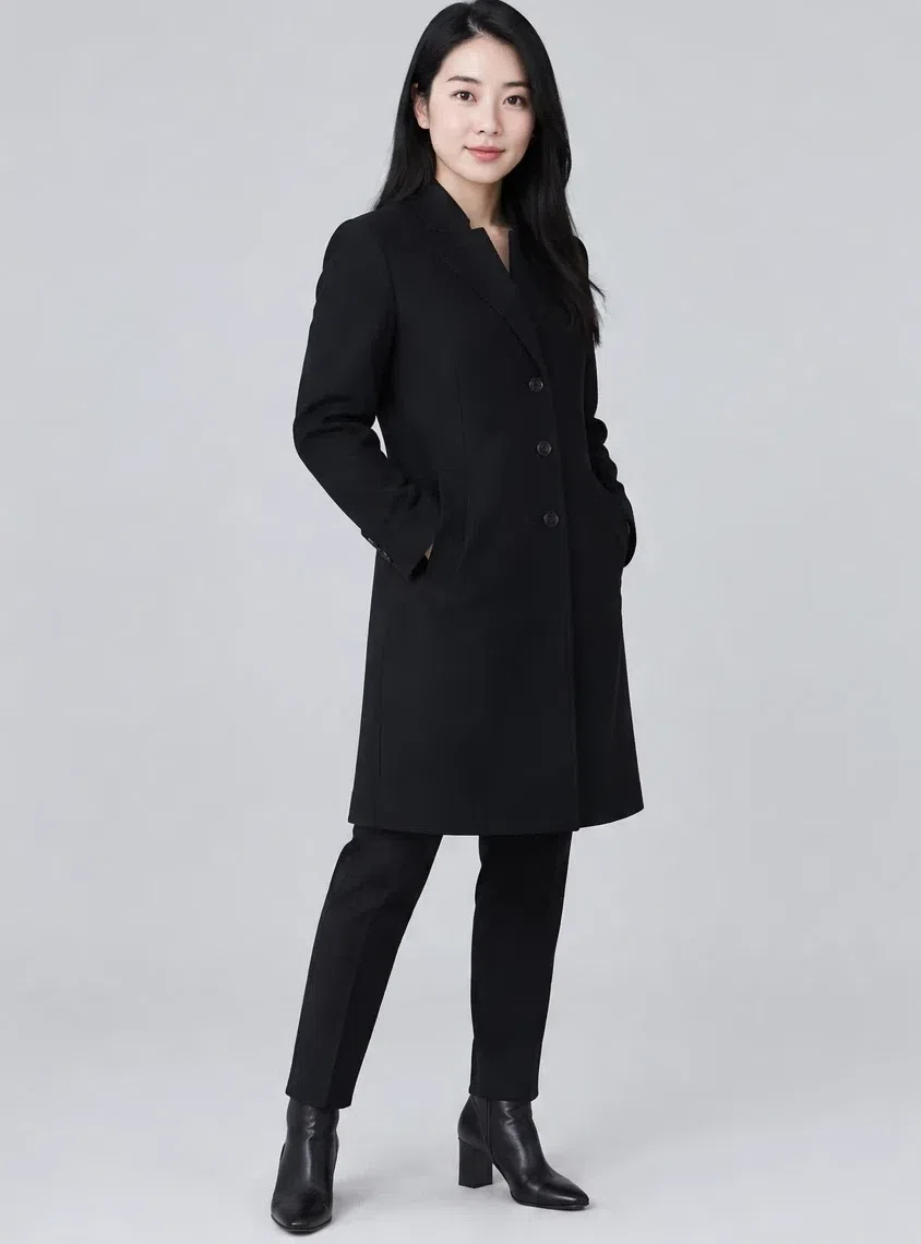 Jet black wool coat, Cool Winter capsule wardrobe, Light complexion
