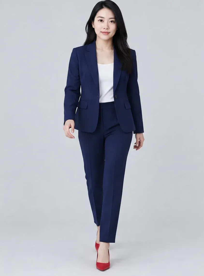 Midnight navy trouser suit, Cool Winter capsule wardrobe, Light complexion