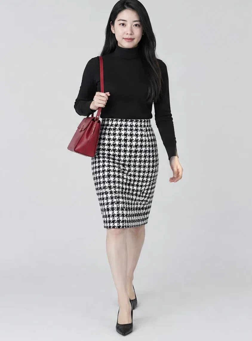 Black and white houndstooth pencil skirt, Cool Winter capsule wardrobe, Light complexion