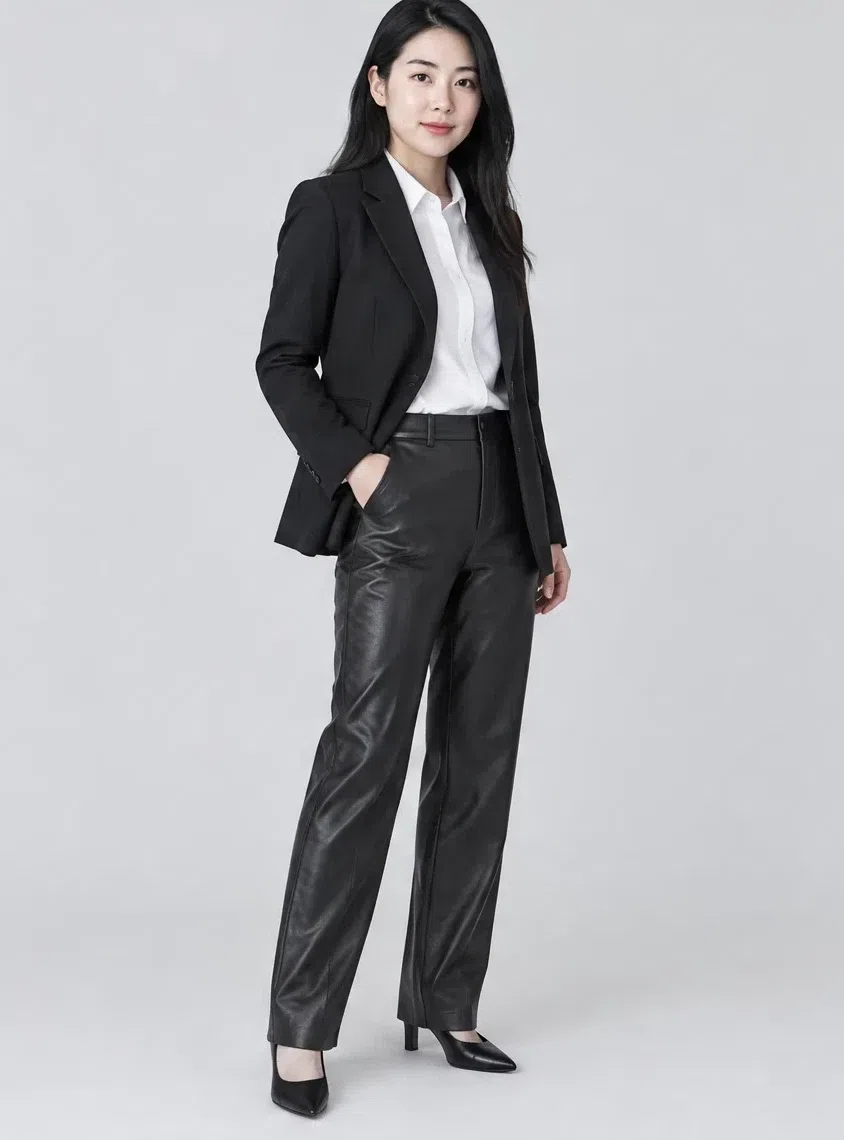 Jet black leather trousers, Cool Winter capsule wardrobe, Light complexion