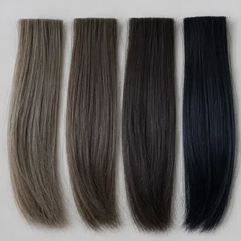 Four cool hair swatches from light ash brown to blue-black