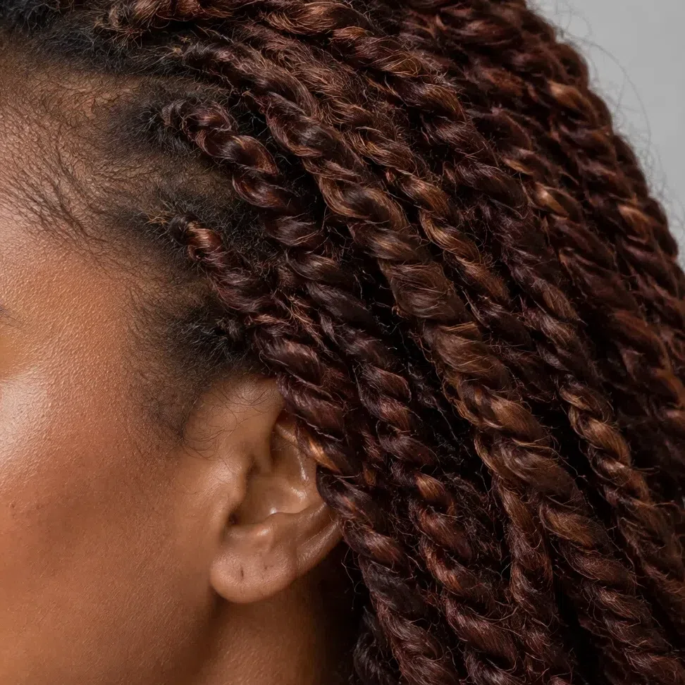 Deep auburn twists with red-copper lights beside deep brown skin