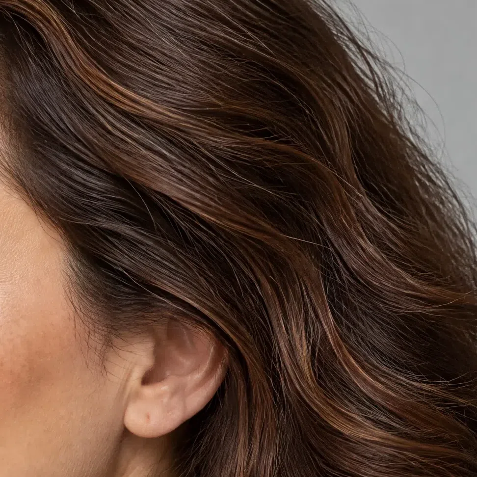 Dark chestnut Deep Autumn hair around level 5 with a faint gold-copper sheen