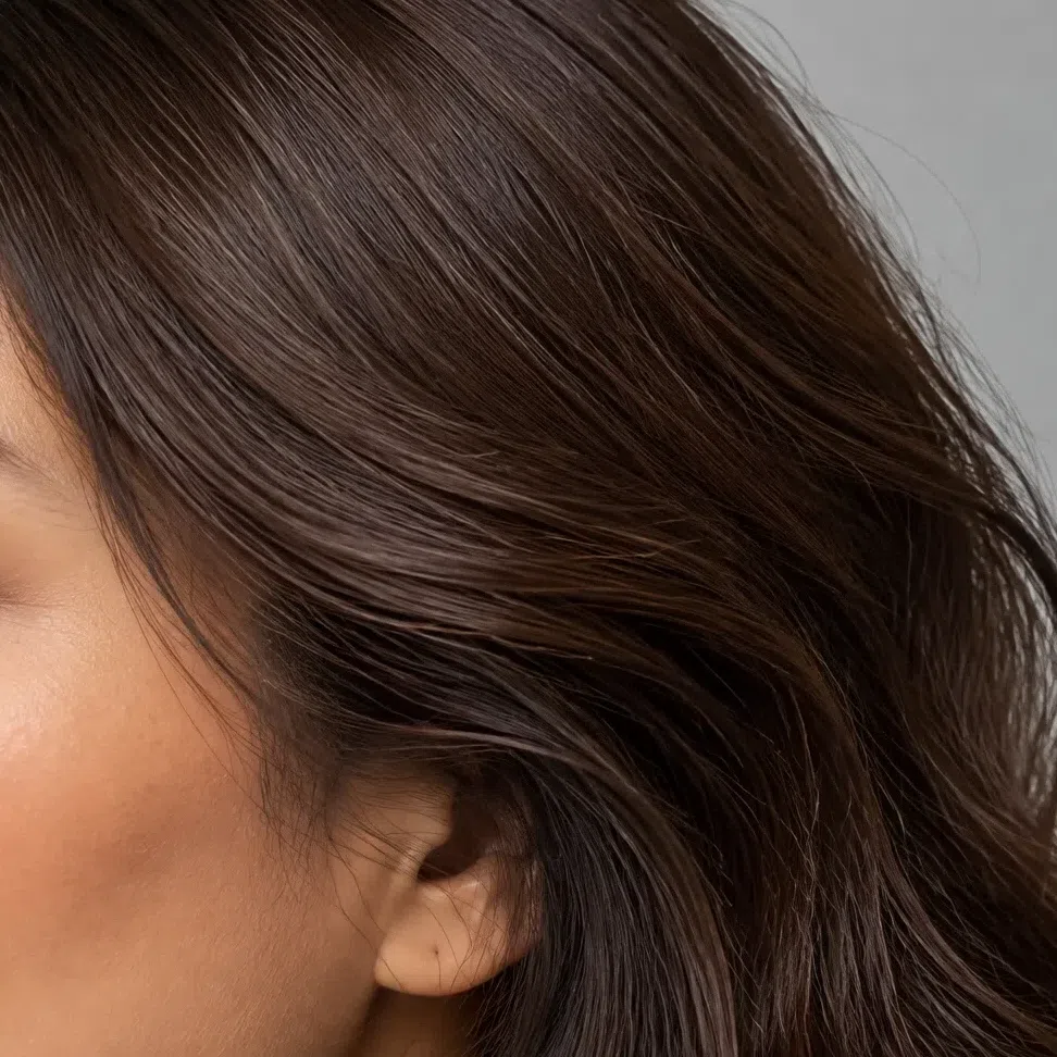 Warm chocolate brown hair with a soft shine beside a medium-toned cheek