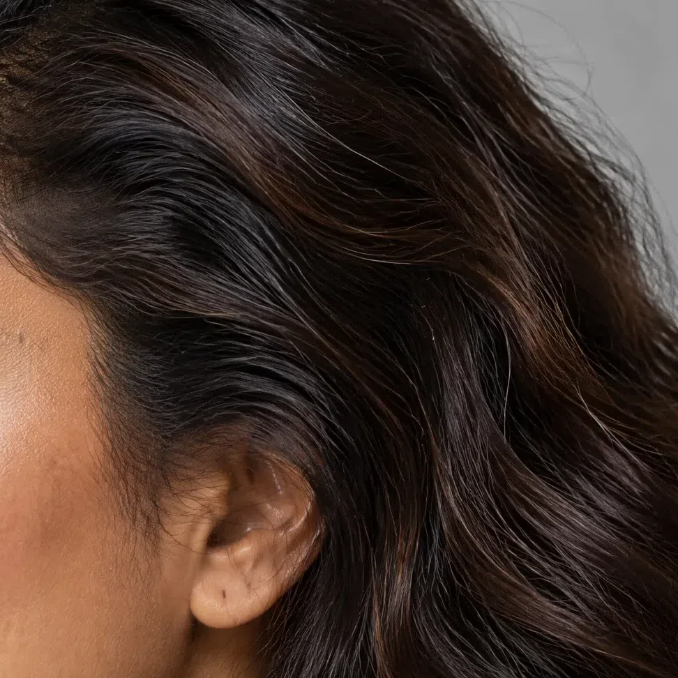 Dark cognac Deep Autumn hair at level 2 to 3, near-black with amber-brown warmth in the light
