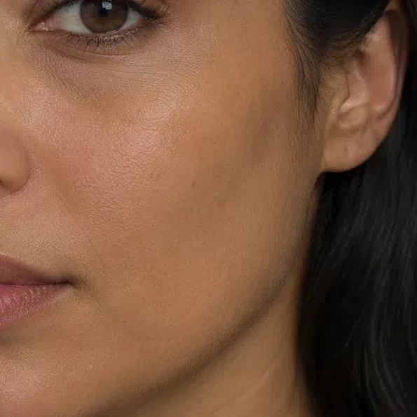 Close crop of warm olive cheek skin, smooth and even in tone