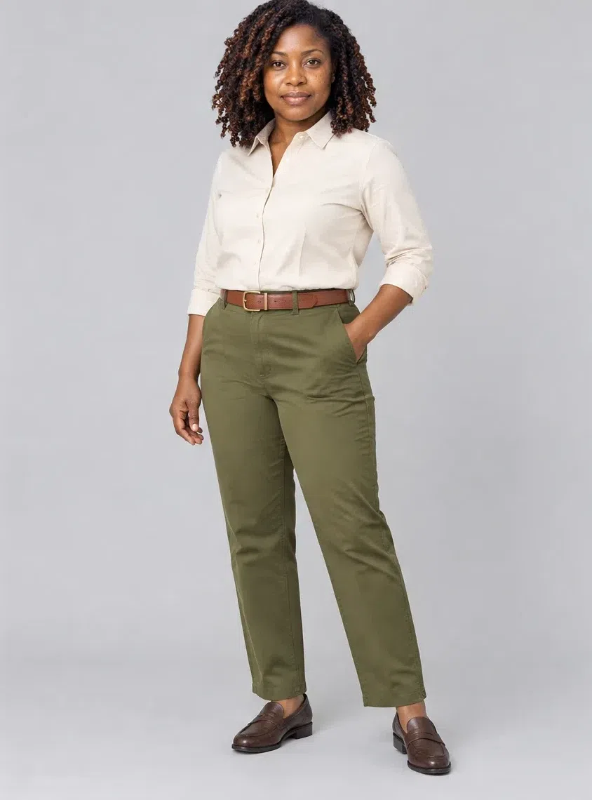 Olive green cotton chinos worn with a tucked ecru shirt and a brown belt, Deep complexion