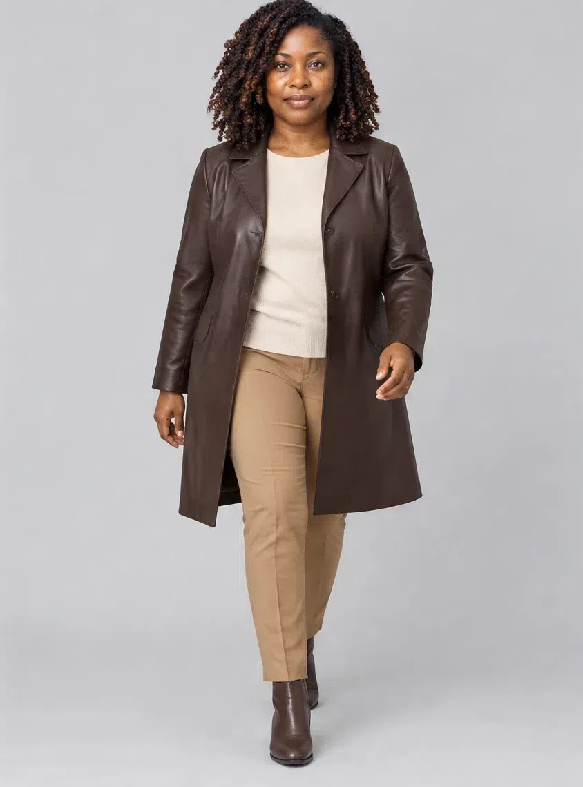 A knee-length dark chocolate leather coat worn open over an ecru knit and camel trousers, Deep complexion