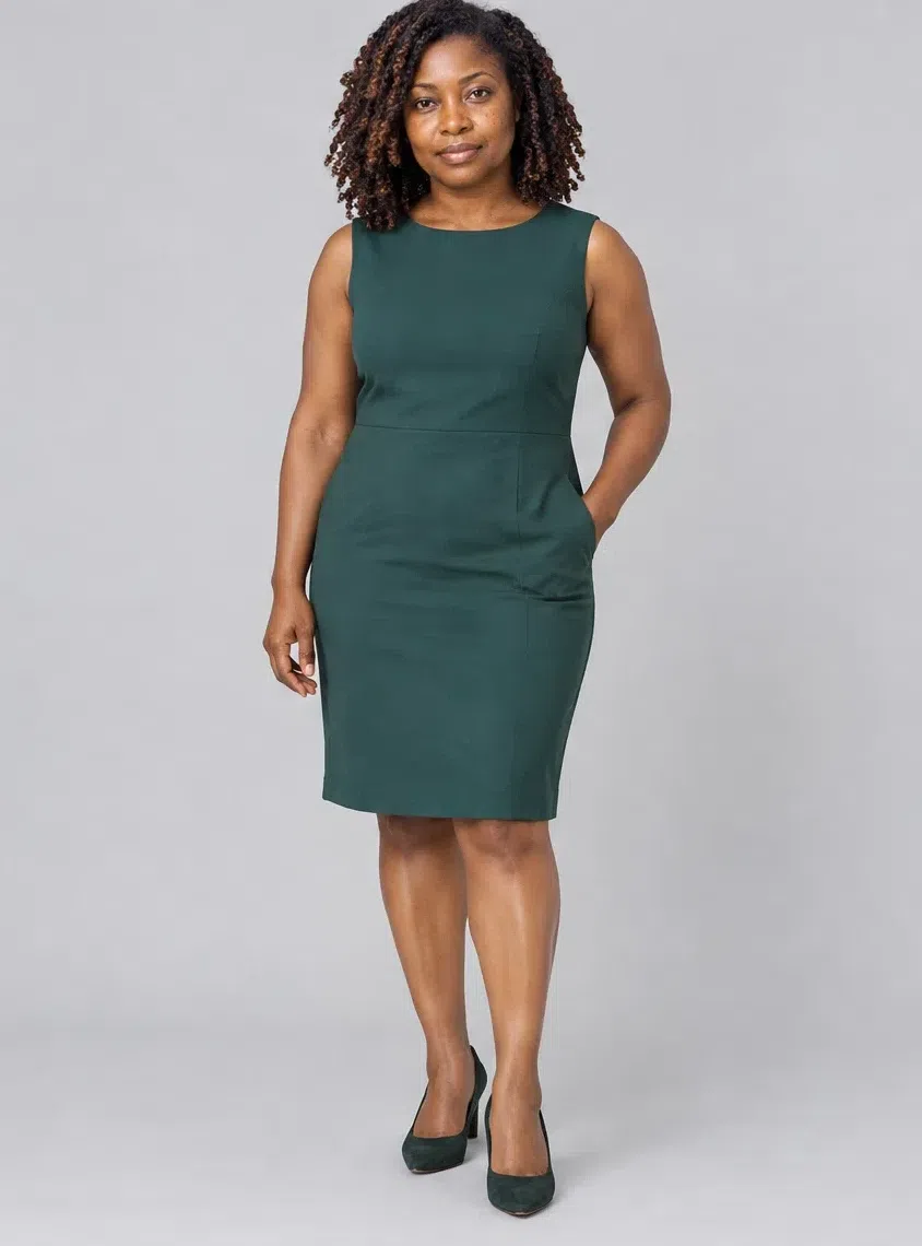 A fitted sleeveless mallard green-blue sheath dress with brown suede pumps, Deep complexion