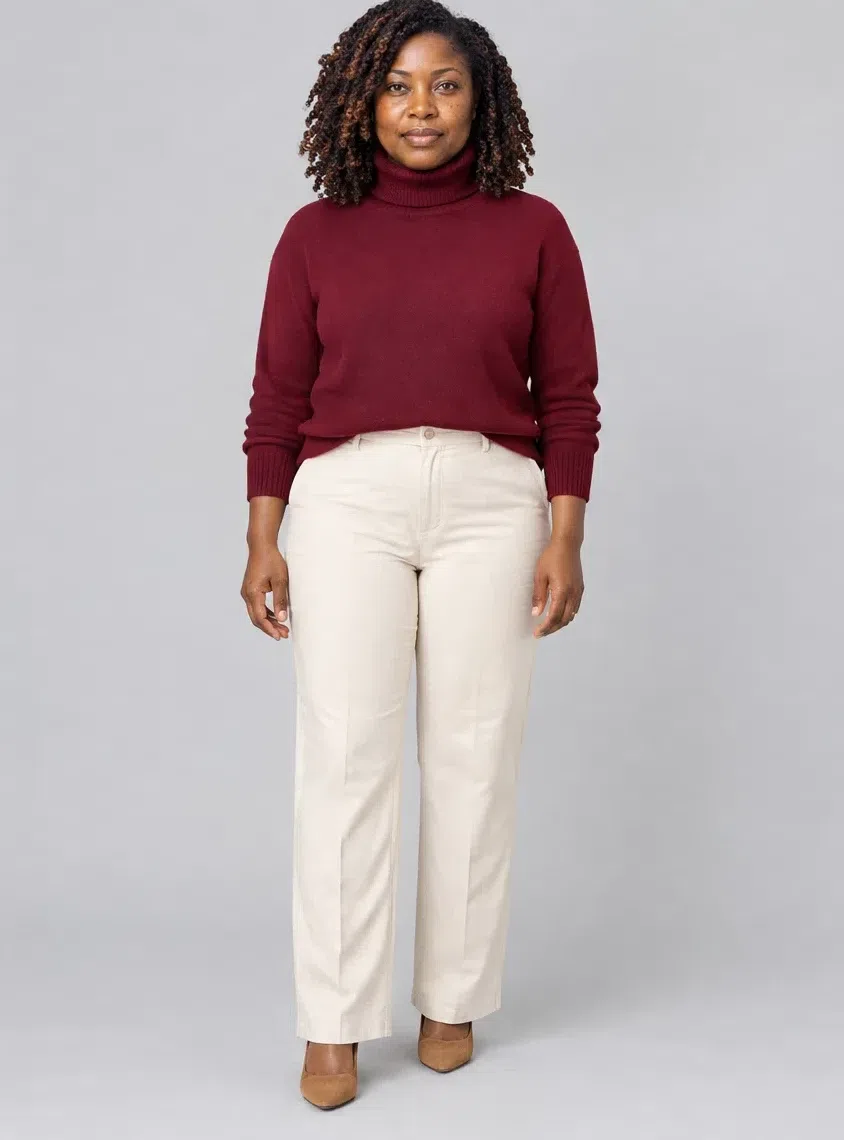 A merlot red roll-neck cashmere sweater with straight ecru trousers, Deep complexion