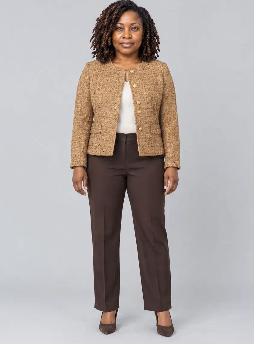 A camel tweed jacket with gold buttons over dark chocolate trousers, Deep complexion