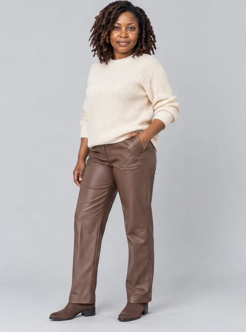 Mocha brown leather trousers with a chunky ecru sweater and flat boots, Deep complexion