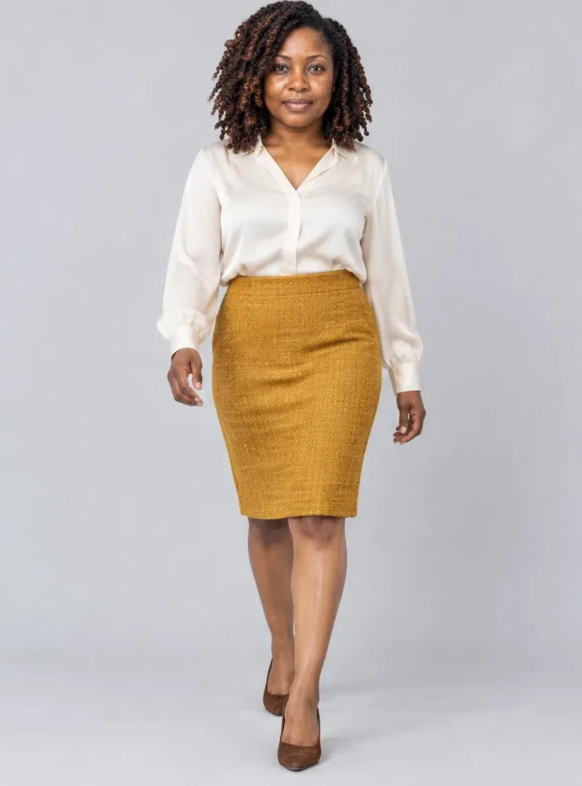 A curry yellow tweed pencil skirt with an ecru silk blouse, Deep complexion