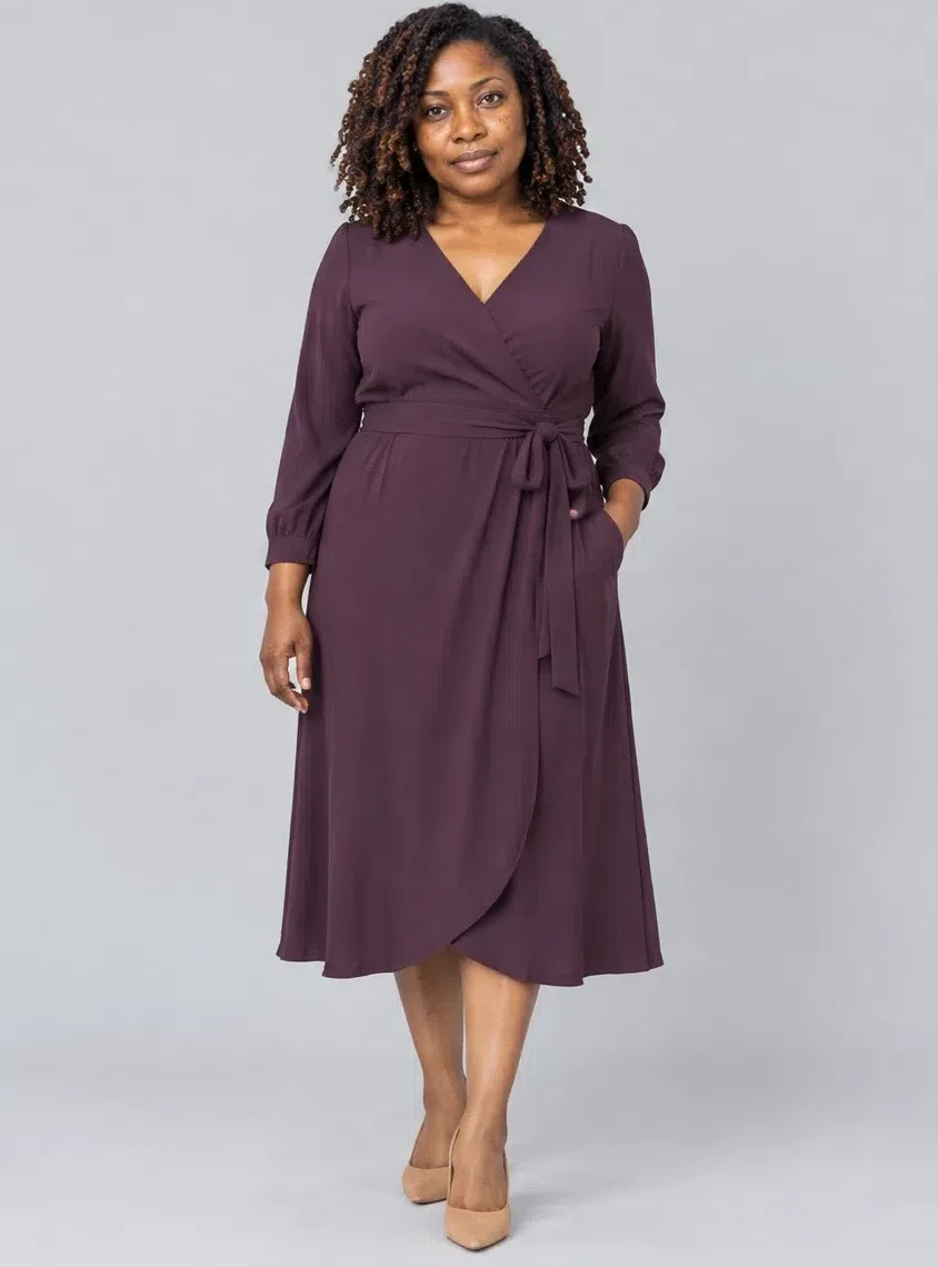 A currant purple midi wrap dress tied at the waist, worn with nude heels, Deep complexion