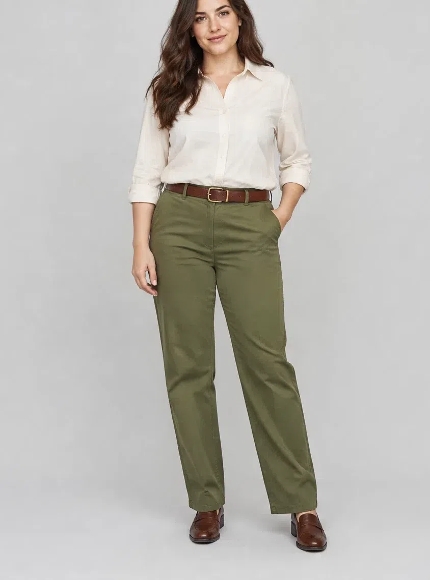 Olive green cotton chinos worn with a tucked ecru shirt and a brown belt, Fair complexion