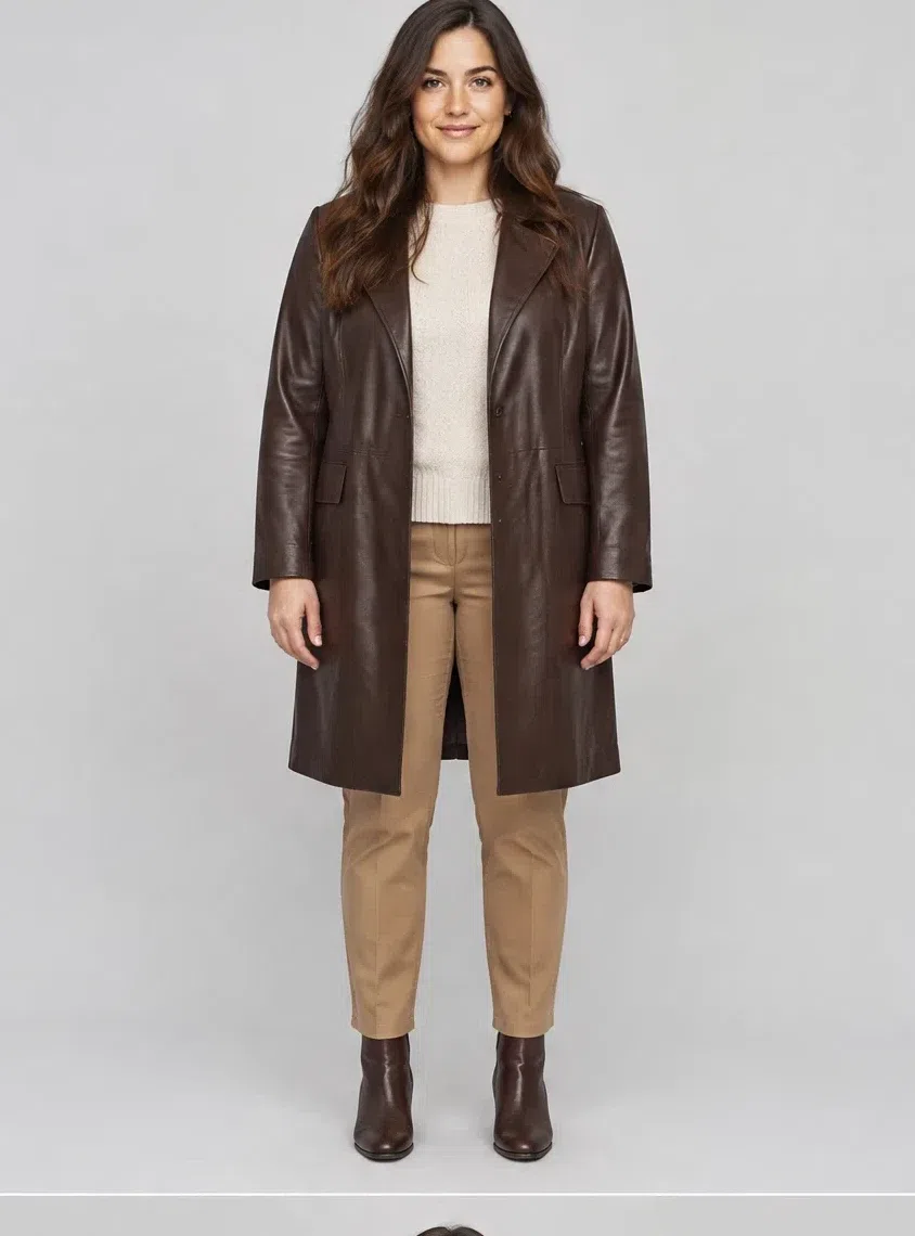 A knee-length dark chocolate leather coat worn open over an ecru knit and camel trousers, Fair complexion