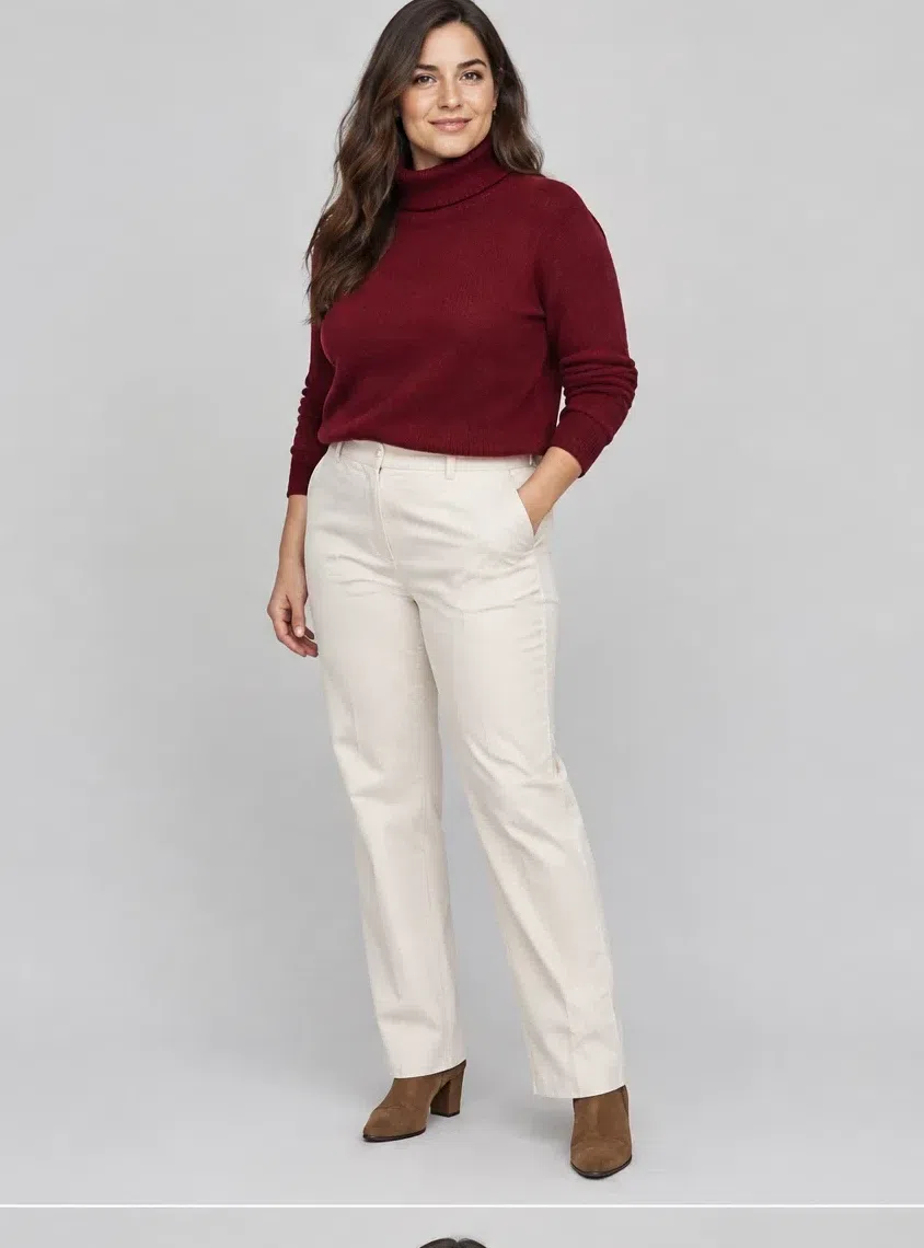 A merlot red roll-neck cashmere sweater with straight ecru trousers, Fair complexion