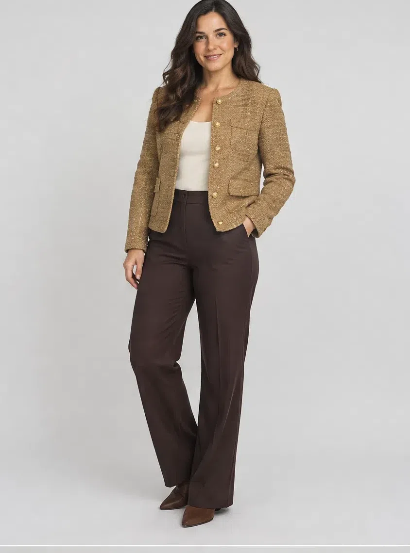 A camel tweed jacket with gold buttons over dark chocolate trousers, Fair complexion