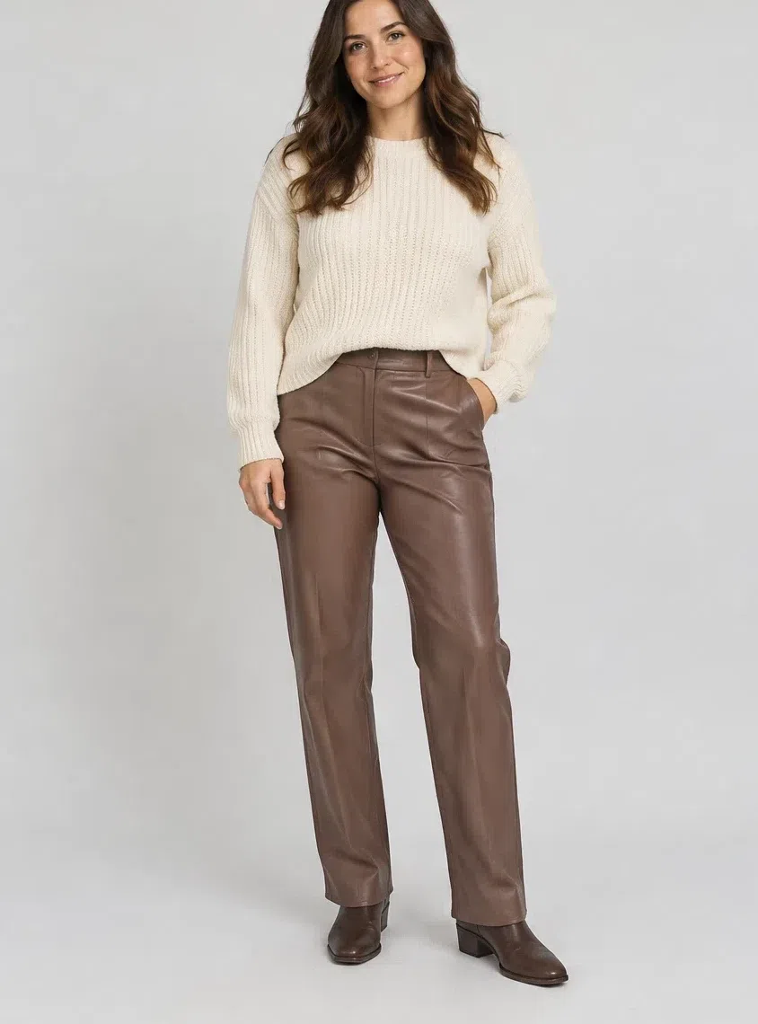 Mocha brown leather trousers with a chunky ecru sweater and flat boots, Fair complexion