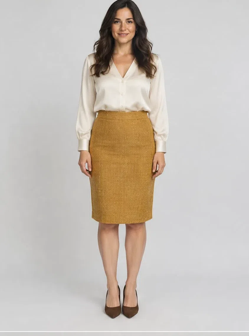 A curry yellow tweed pencil skirt with an ecru silk blouse, Fair complexion