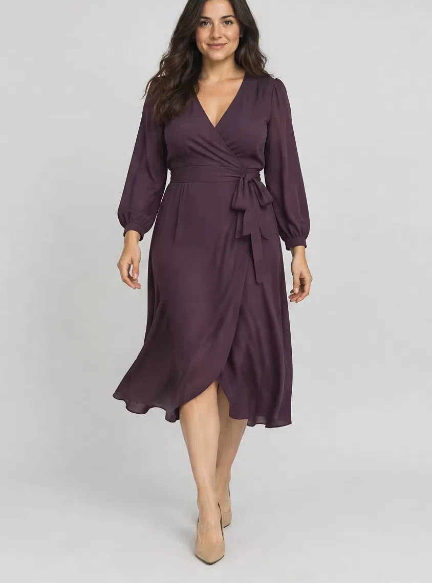 A currant purple midi wrap dress tied at the waist, worn with nude heels, Fair complexion