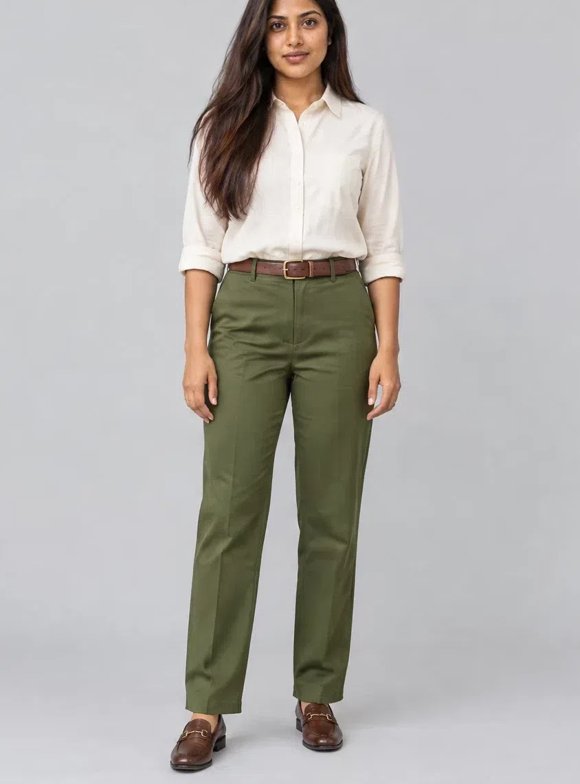 Olive green cotton chinos worn with a tucked ecru shirt and a brown belt, Medium complexion