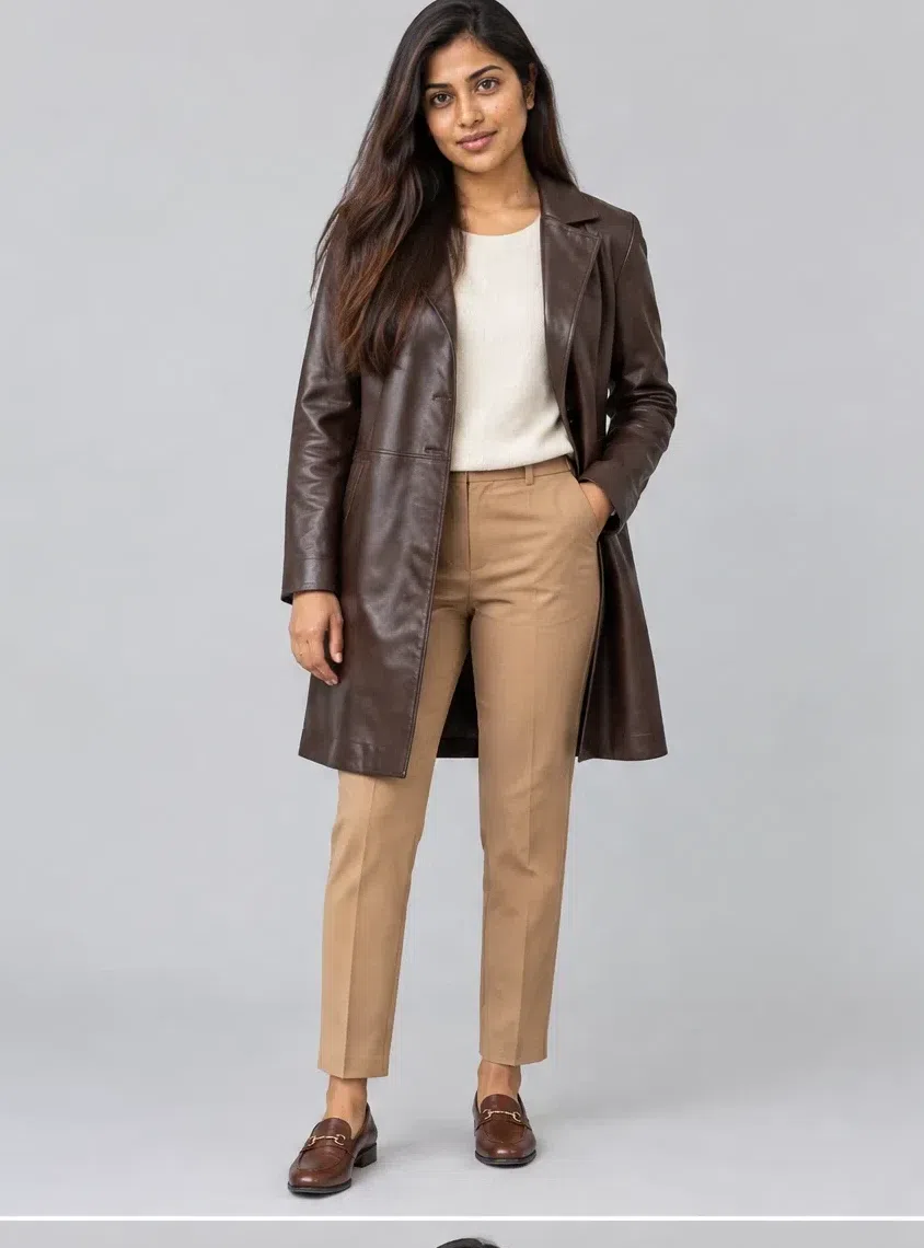 A knee-length dark chocolate leather coat worn open over an ecru knit and camel trousers, Medium complexion