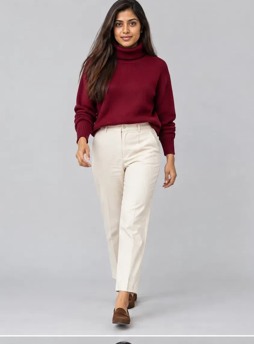 A merlot red roll-neck cashmere sweater with straight ecru trousers, Medium complexion