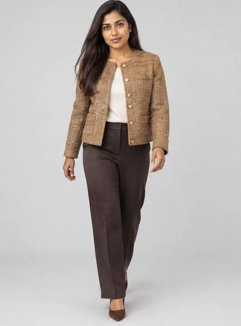 A camel tweed jacket with gold buttons over dark chocolate trousers, Medium complexion