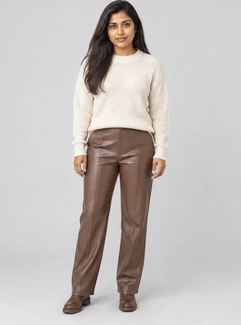 Mocha brown leather trousers with a chunky ecru sweater and flat boots, Medium complexion
