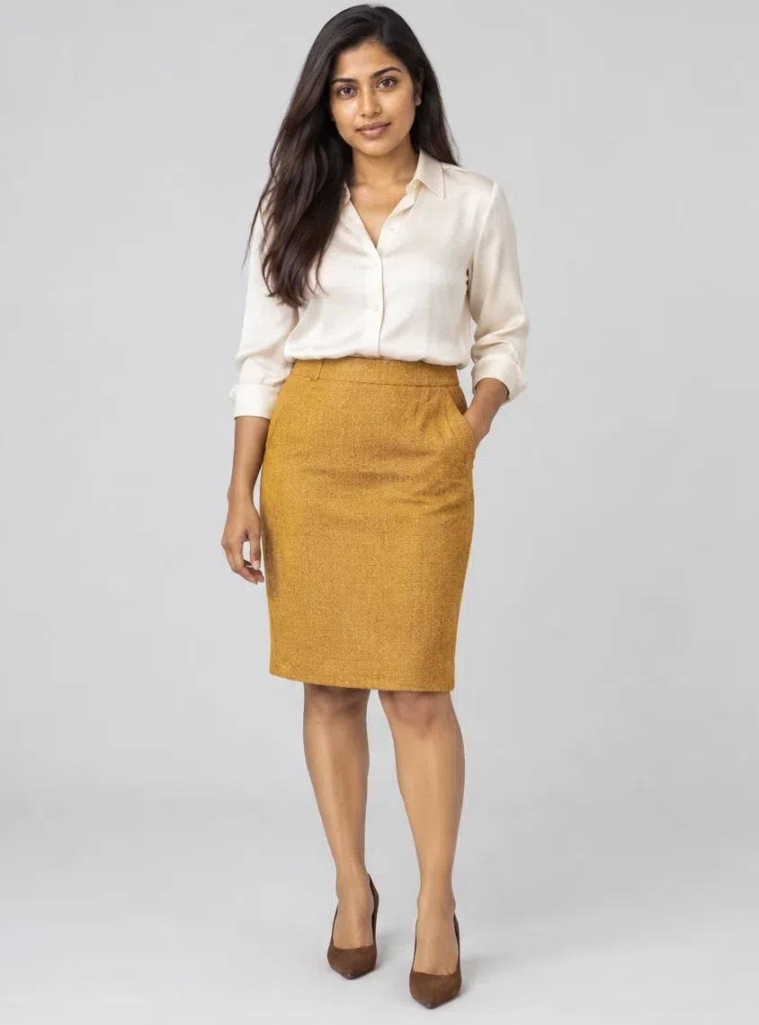 A curry yellow tweed pencil skirt with an ecru silk blouse, Medium complexion