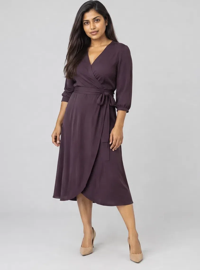 A currant purple midi wrap dress tied at the waist, worn with nude heels, Medium complexion