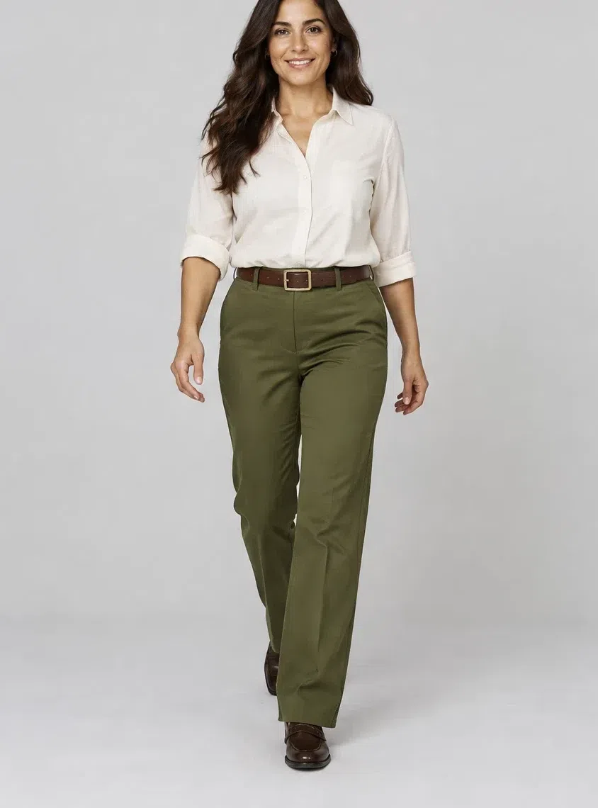 Olive green cotton chinos worn with a tucked ecru shirt and a brown belt, Light complexion