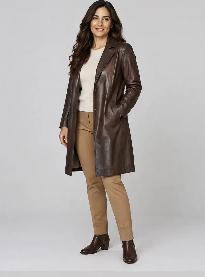 A knee-length dark chocolate leather coat worn open over an ecru knit and camel trousers, Light complexion