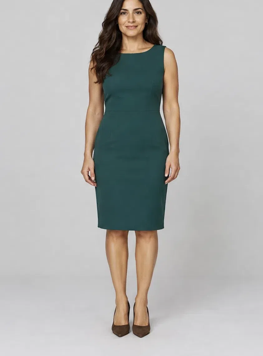 A fitted sleeveless mallard green-blue sheath dress with brown suede pumps, Light complexion